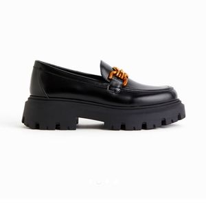 H&M Black Chunky Loafers with Gold Chain Accent